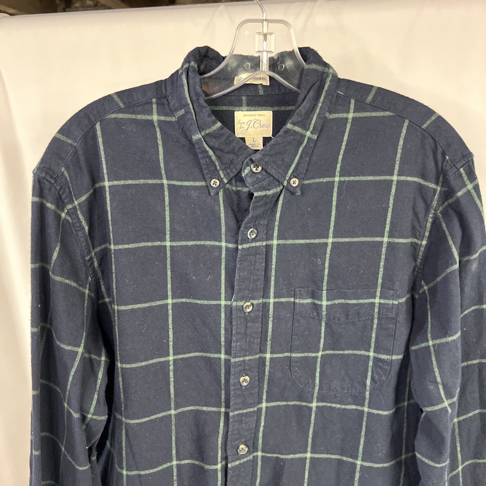 J Crew Shirt Men Large Blue Green Windowpane Plaid Brushed Twill Slim Fit